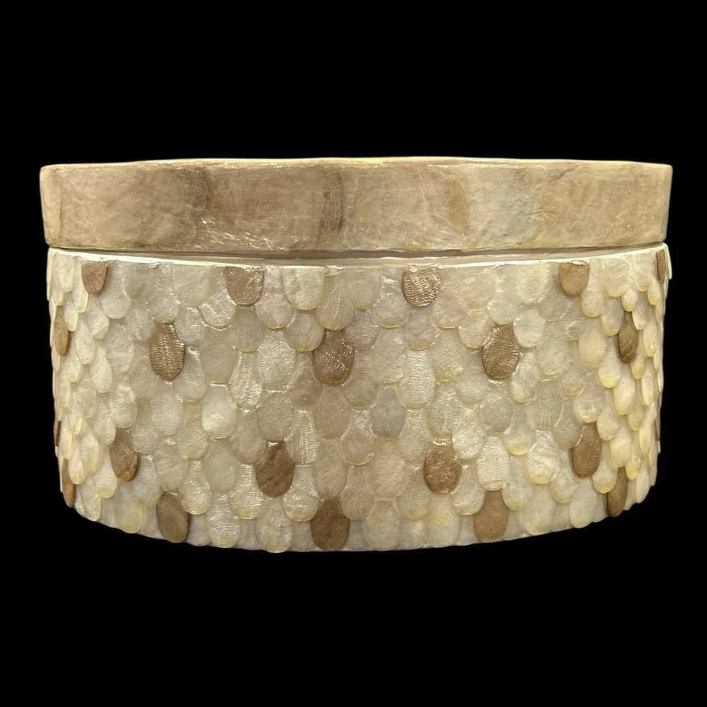 Vtg Unique Capiz Shell Oval Trinket Jewelry Makeup Box Nautical Beach Decor